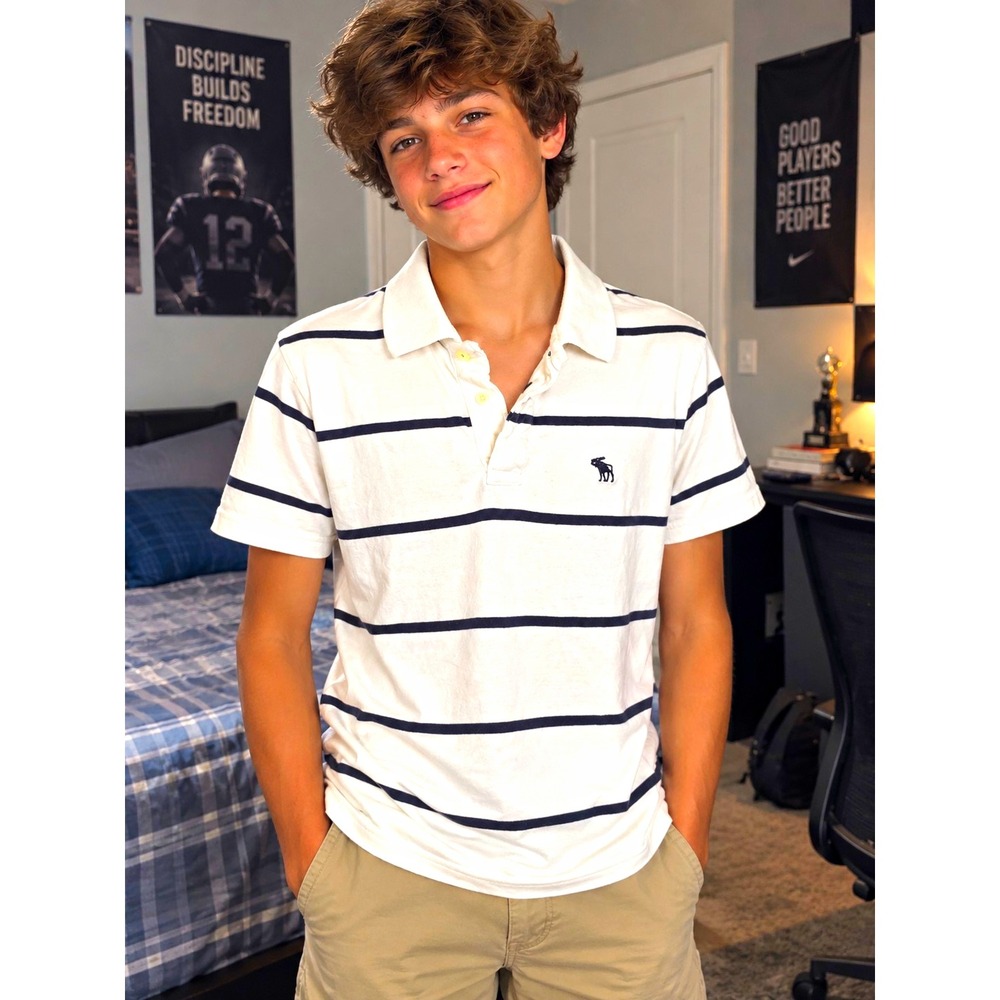 Abercrombie & Fitch Mens Striped Polo Shirt White/Navy Short Sleeve Size L